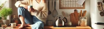 キッチンのカウンターに座っている女性