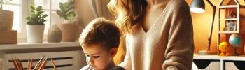 テーブルに座っている女性と子供