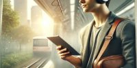 ヘッドフォンを着けてタブレットを持っている男性