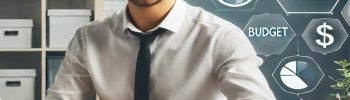 貯金箱と電卓を持って机に座っている男性